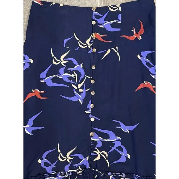 Anthropologie Maeve Women’s Midi Skirt Size 4 Merida Birds Graphic Flounced Blue - Picture 11 of 16